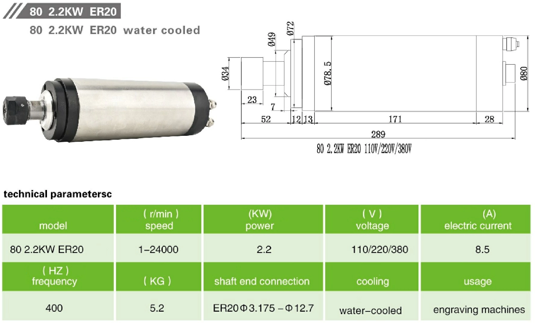 JKONGMOTOR 80 2.2кВт ER20 220В 1