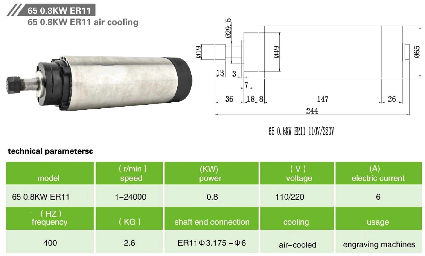 Шпиндель с воздушным охлаждением JKONGMOTOR 65 0.8кВт ER11 220В