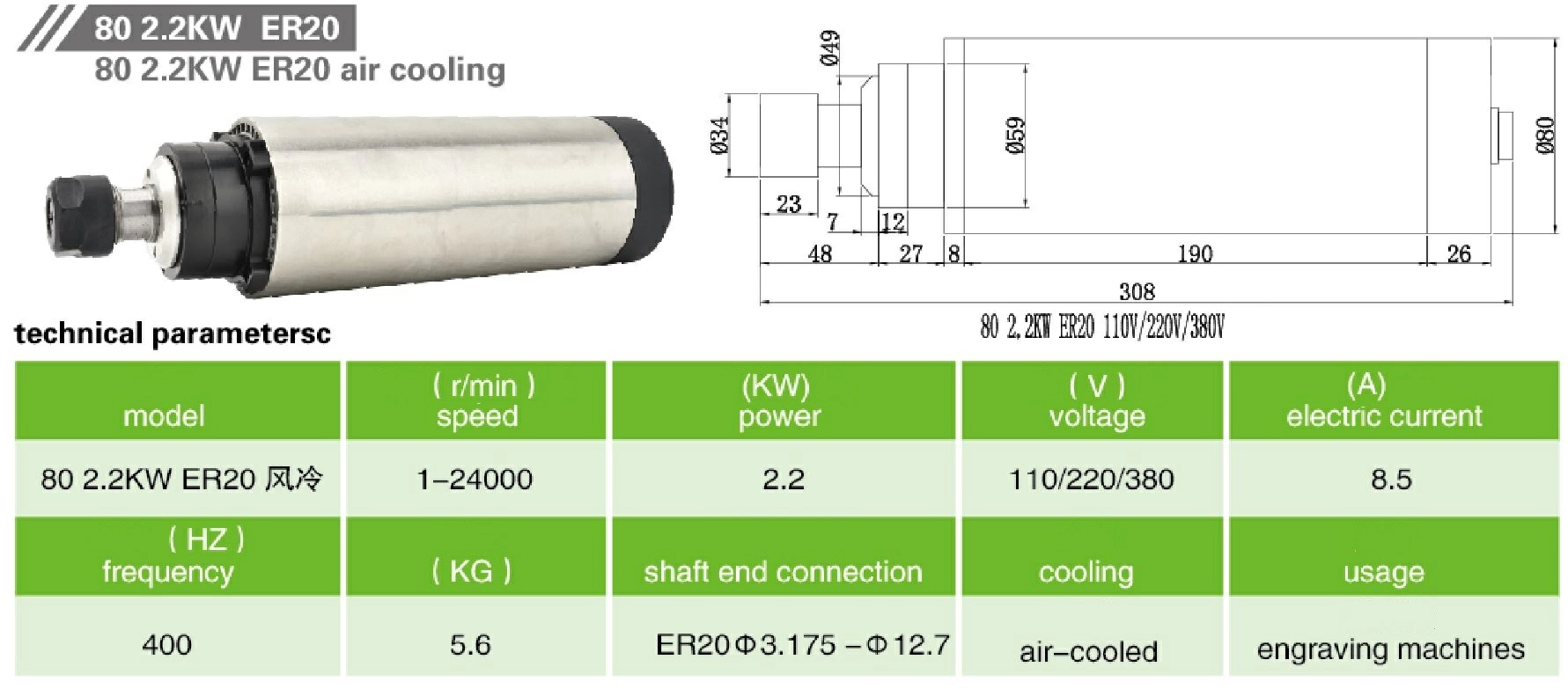 JKONGMOTOR 80 2.2кВт ER20 220В air