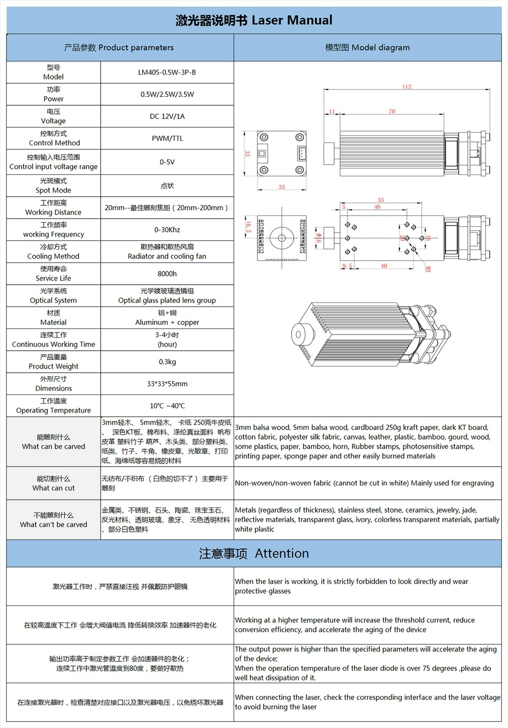 Лазерный модуль 500 мВт, 12 В, 450 нм-5