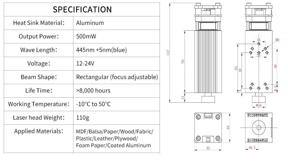 Лазерный модуль 500 мВт, 12 В, 450 нм-2