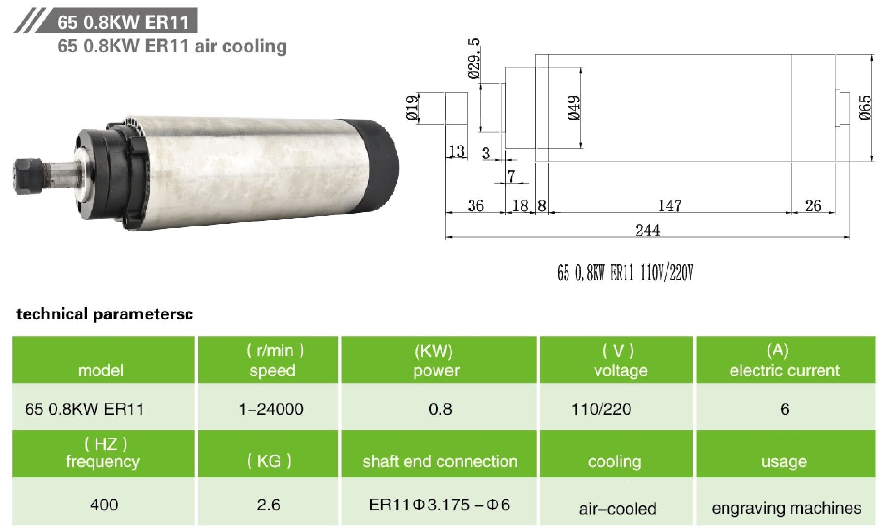 Шпиндель с воздушным охлаждением JKONGMOTOR 65 0.8кВт ER11 220В