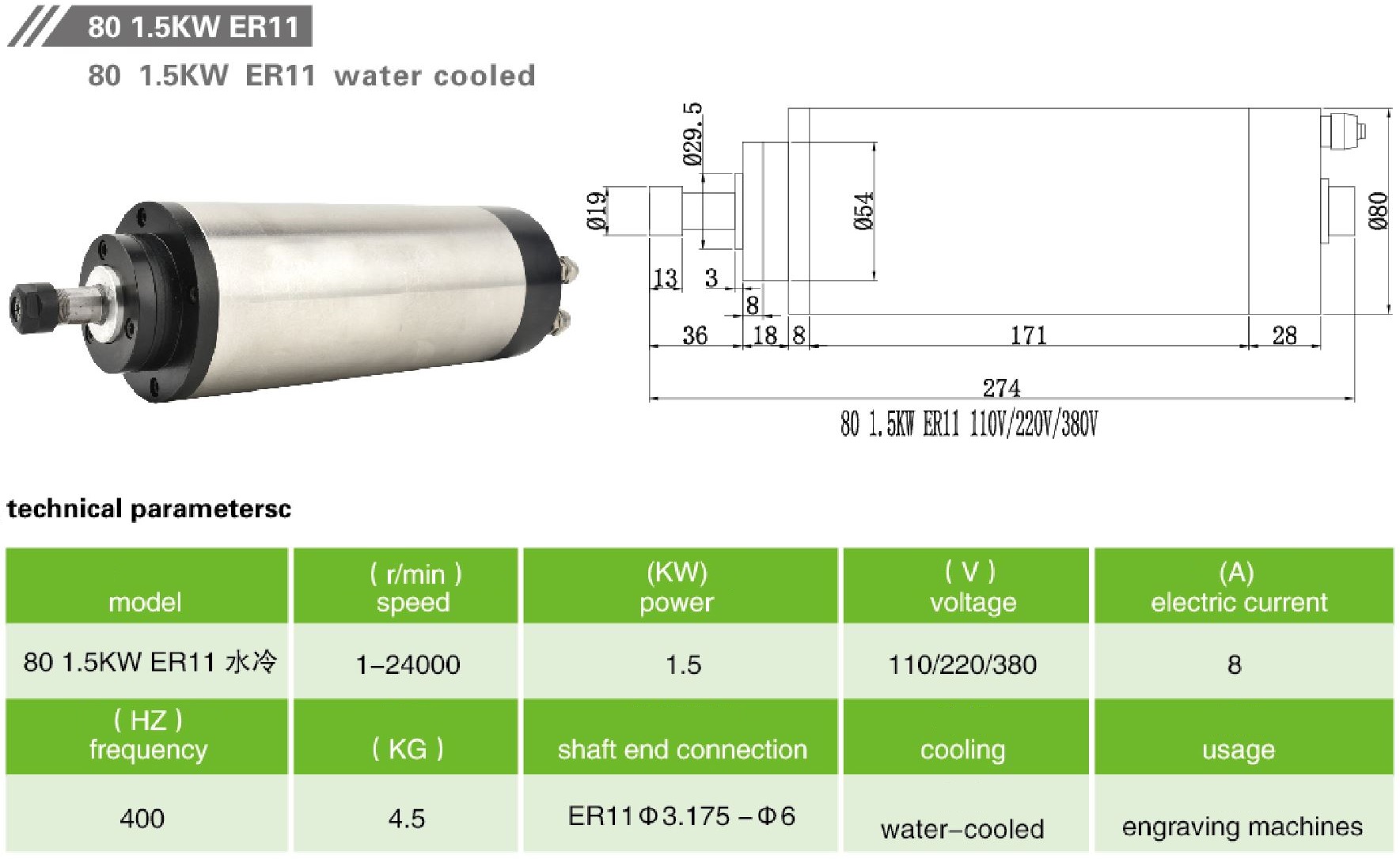 JKONGMOTOR 80 1.5кВт ER16 220В 1