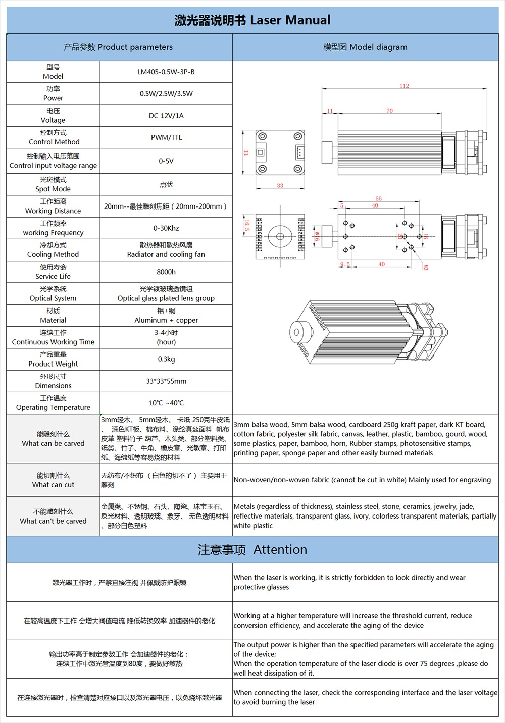 Лазерный модуль 500 мВт, 12 В, 450 нм-5