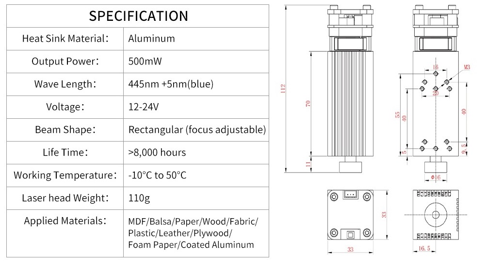 Лазерный модуль 500 мВт, 12 В, 450 нм-2